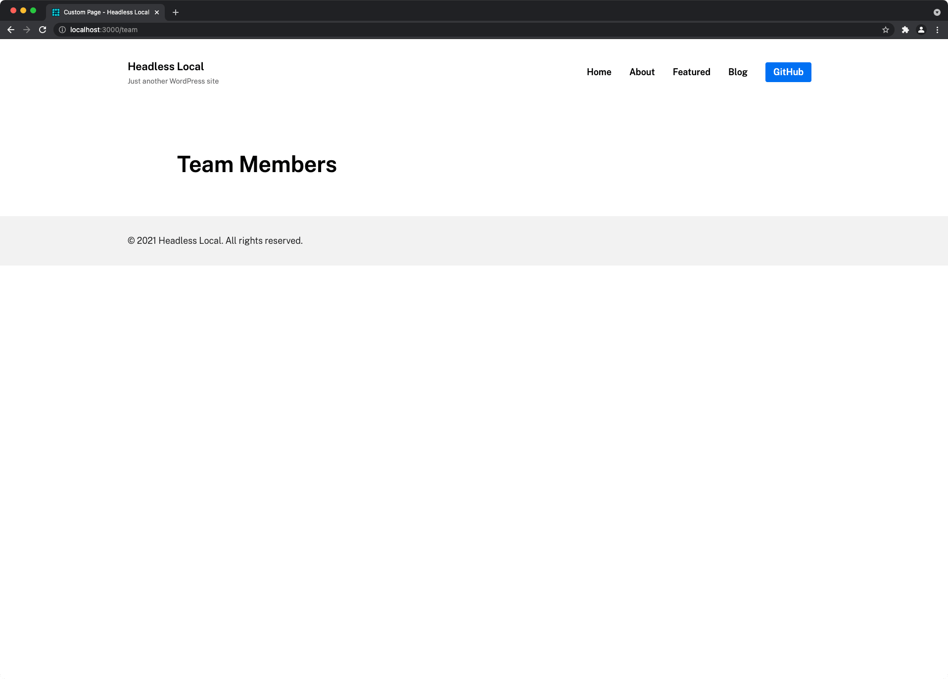 An empty web page with a large title for team members