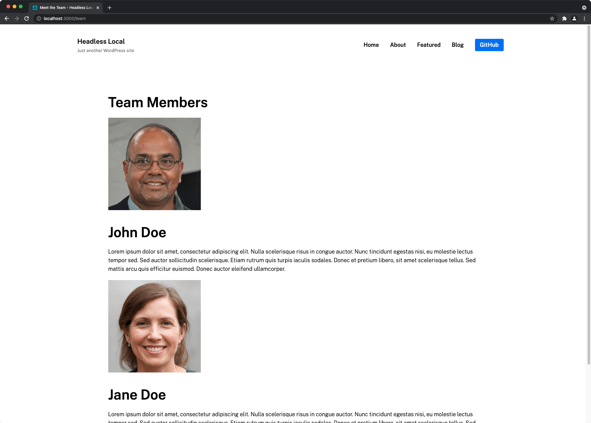 A web page with a list of team members