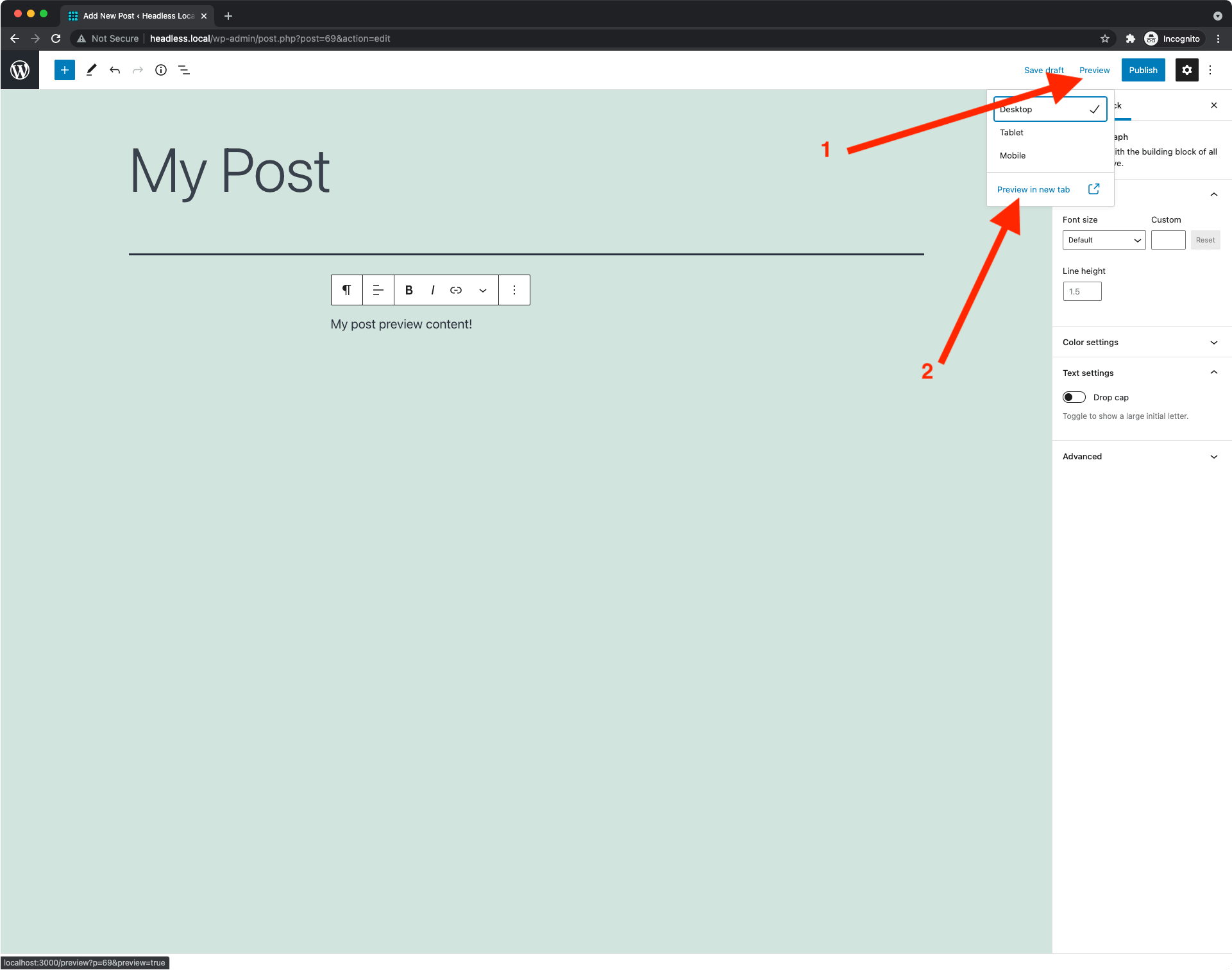 WordPress post page using the Gutenberg editor with a red arrow to the preview and preview in new tab dropdowns
